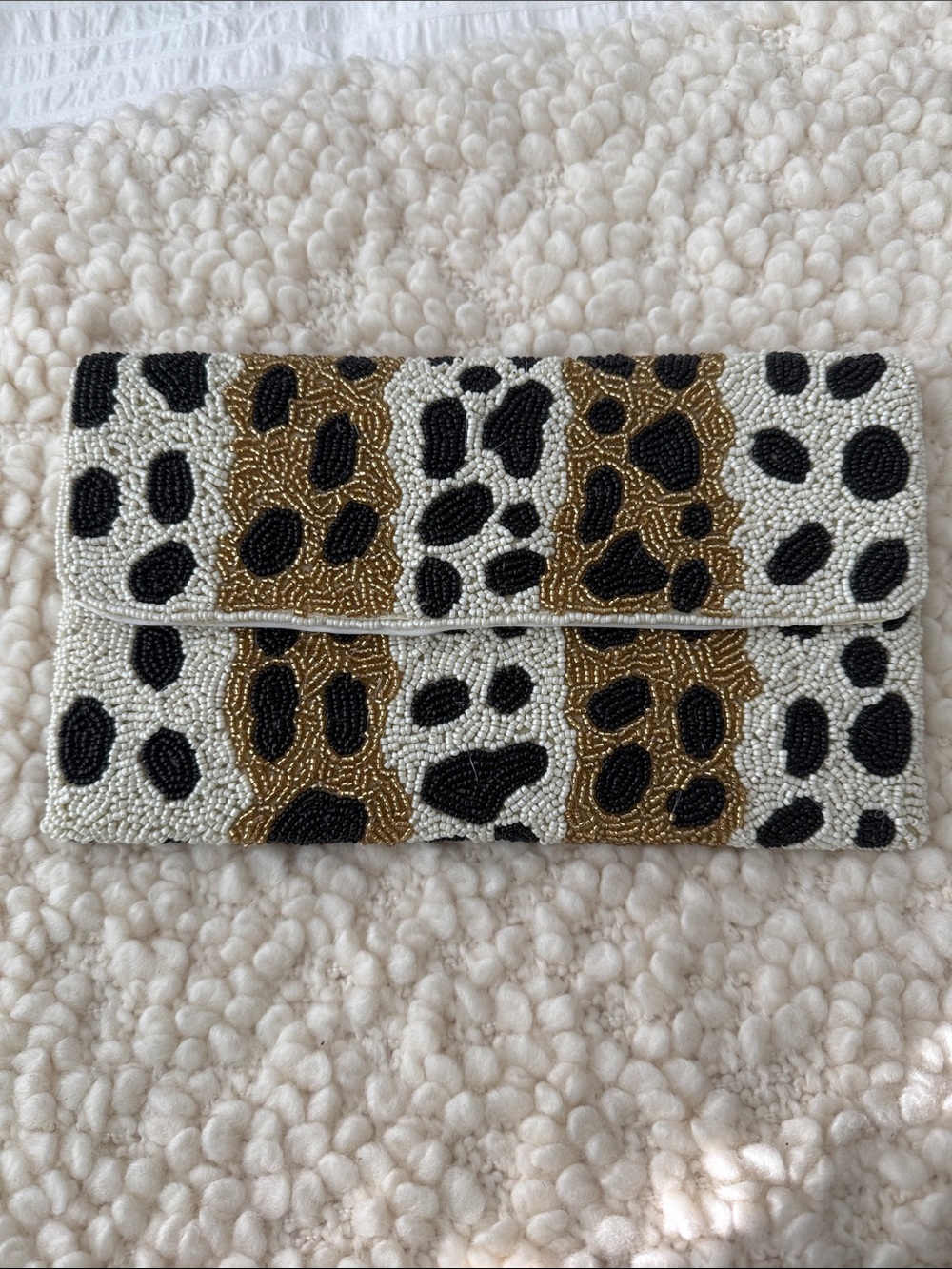 Beaded Animal Print Clutch - Black, White & Gold